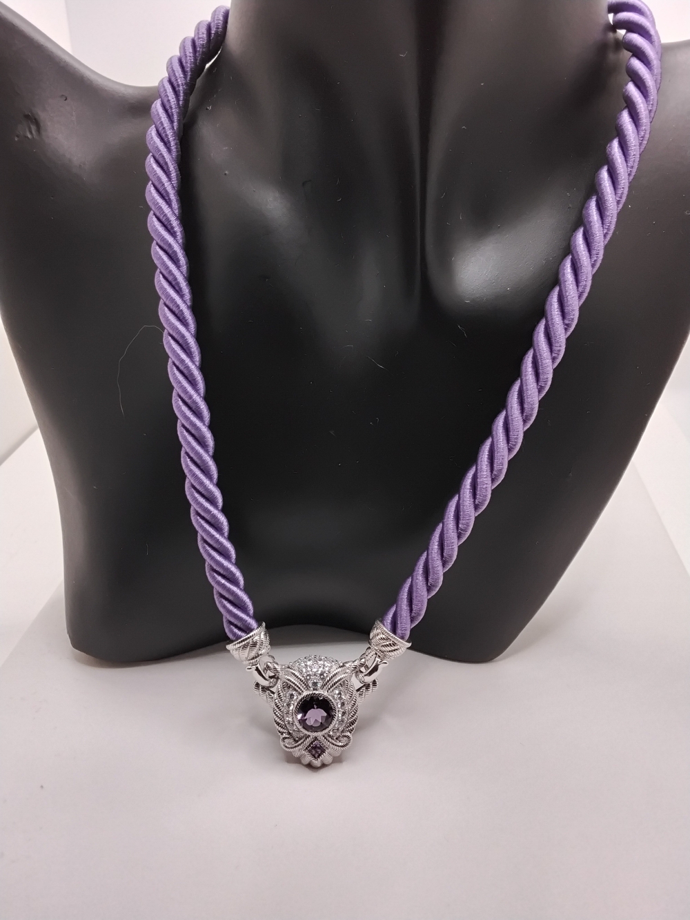 Vintage Judith Ripka Purple Silk Cord 925 Necklace with Amethyst  Pendant